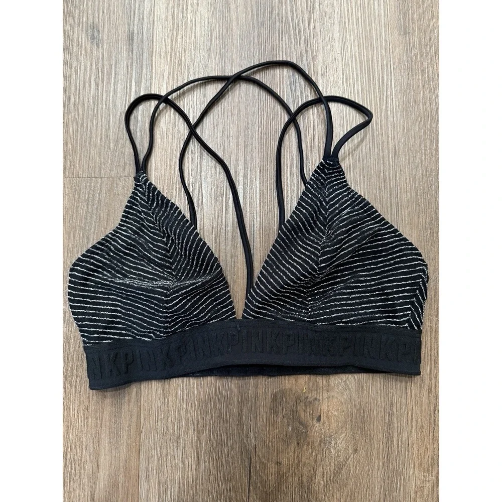 Victoria's Secret Bra Medium Black‎ Unlined Wirefree Silver Stripe Logo